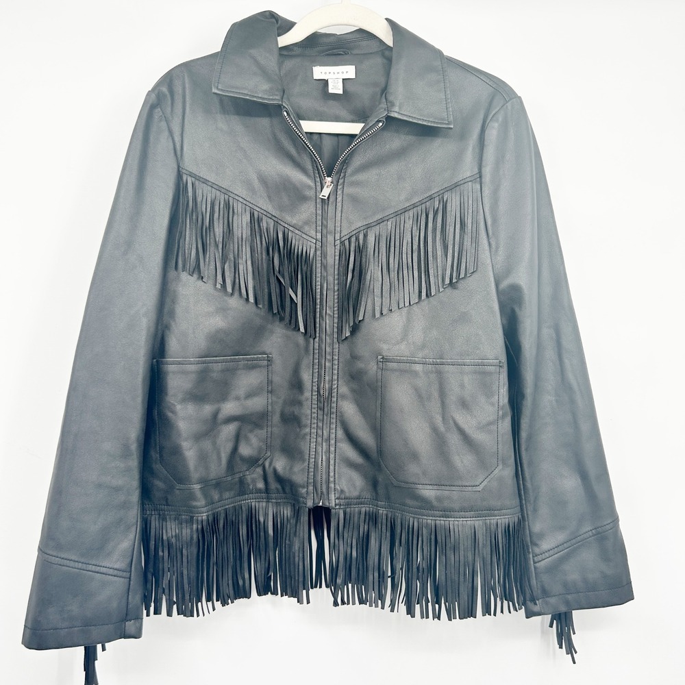 Topshop Womens Black Faux Leather Fringe Western Boho Moto Jacket Size 8 - Picture 2 of 10